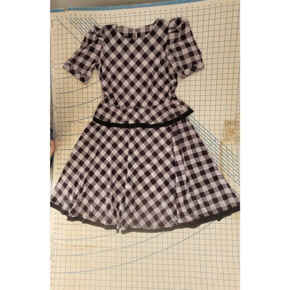 Tabby Knit Gingham Peplum Puffy Short Sleeve Vintage Maxi Fit n Flare Dress - Picture 5 of 12